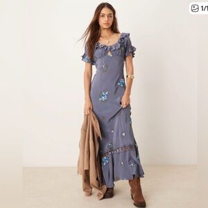 Free People Indigo Floral Embroidered Maxi Dress